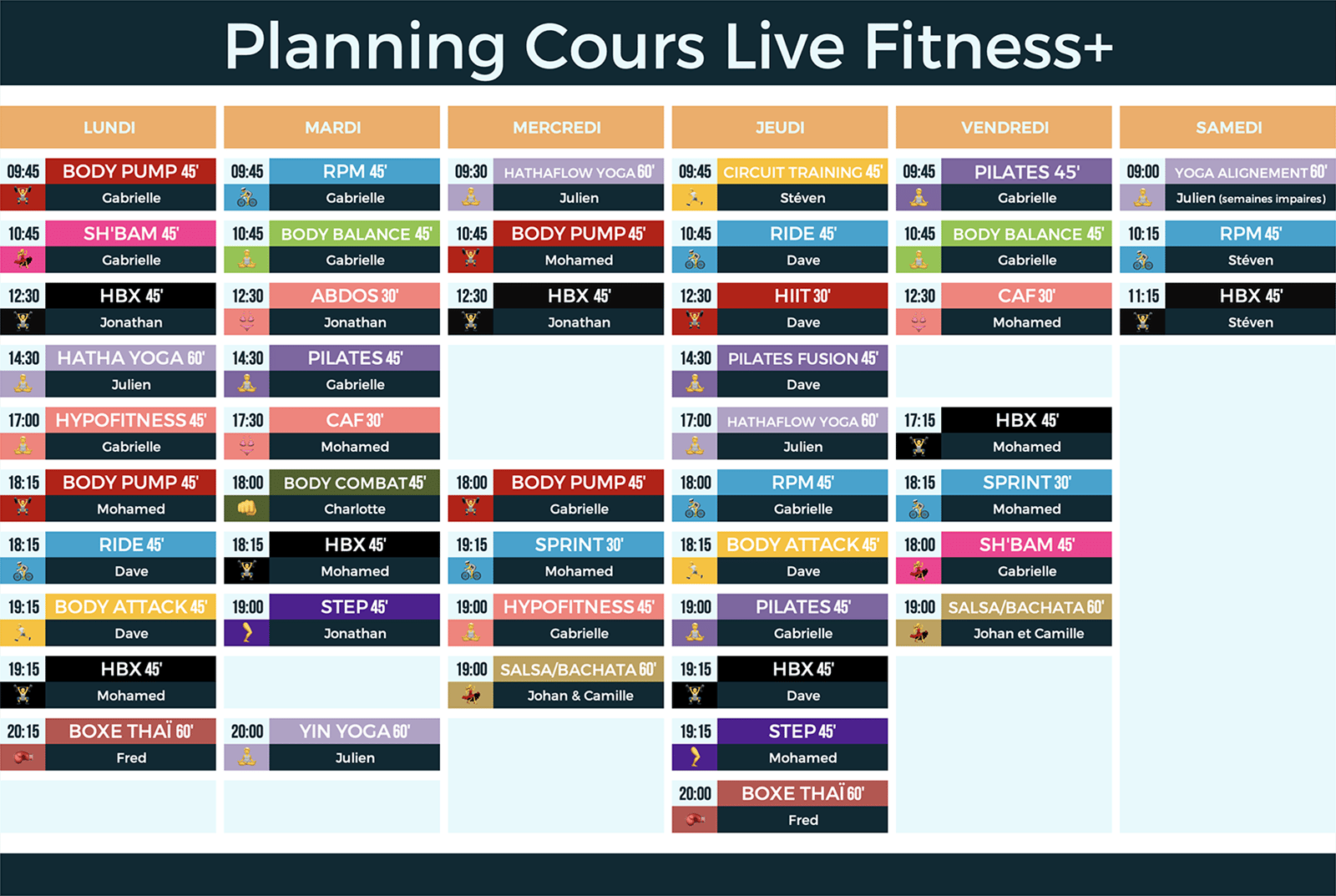 Planning des Cours Live Fitness+ 2022